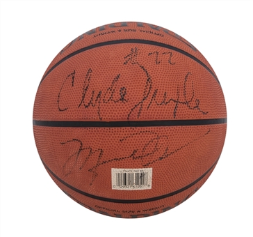 1998 Official NBA Game Ball Signed by Michael Jordan, Clyde Drexler and Calvin Murphy from April 5, 1998 Chicago at Houston Rockets with Calvin Murphys Game Credential (PSA/DNA) 